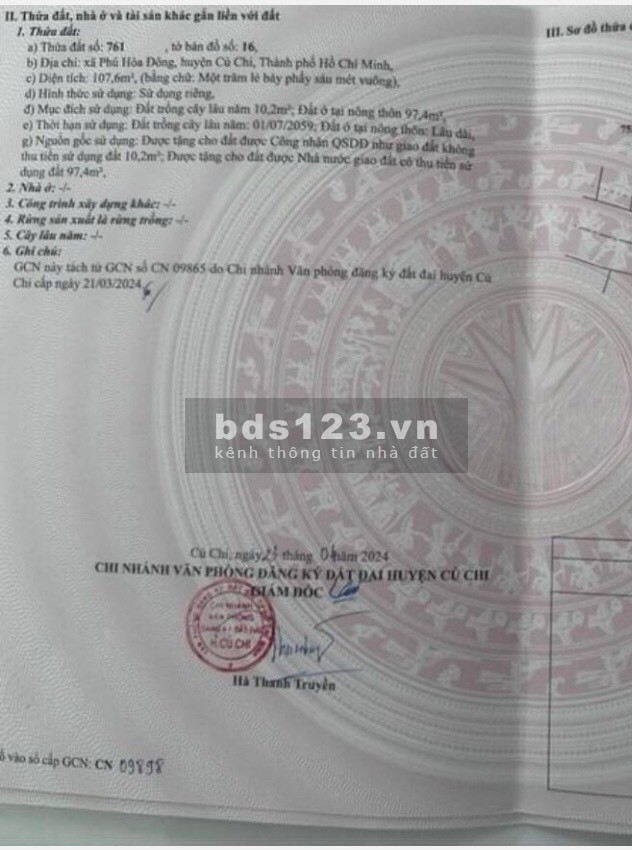 Hàng ngộp 107m full thổ 1/ đường Cây Trắc, Phú Hòa Đông sát bên chợ giá 1 tỷ 050 SHR
