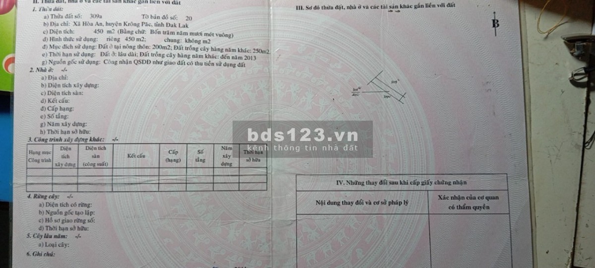 Chính chủ cần bán thửa đất số 309a, Xã Hòa An, huyện Krong Păc, Đăk Lăk
