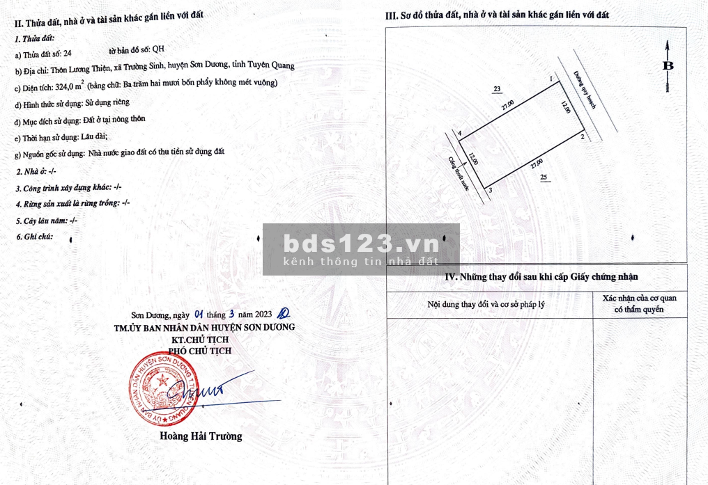 Cần bán lô đất thổ cư tại thôn Lương Thiện, xã Trường Sinh, huyện Sơn Dương, tỉnh Tuyên Quang.
