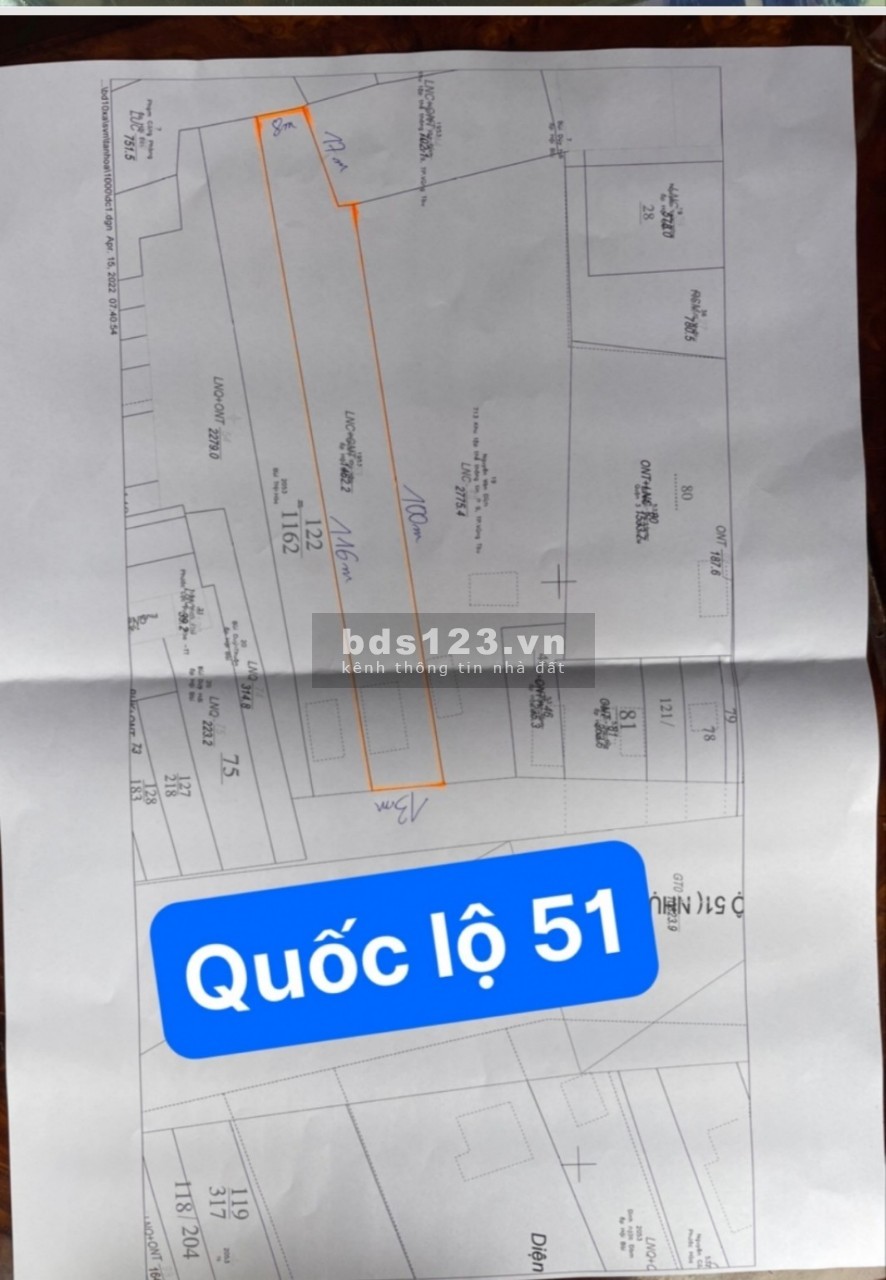 Bán đất mặt tiền QL51, xã Tân Hoà, TX Phú Mỹ ngay khu TĐC Tân Hoà
