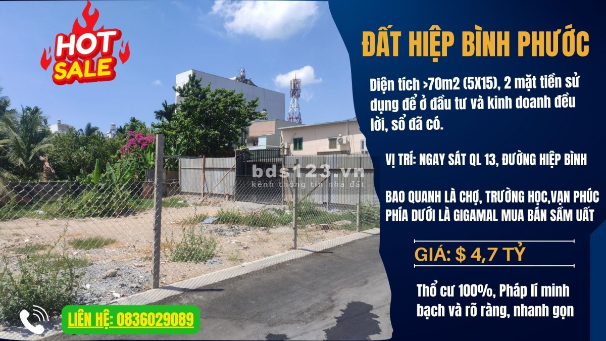 Đất cực rẻ 2 mặt tiền Hiệp Bình Phước - Giá siêu hời! Chỉ 4,7 tỷ đồng. ️ Liên hệ: 0836029089