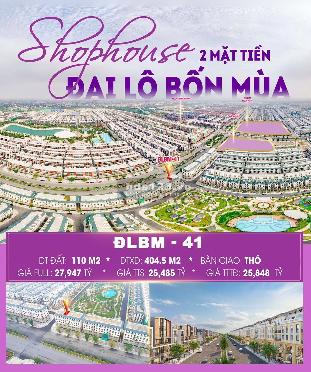 Bán shop 2 mặt tiền ĐLBM 110m trục chính đối diện tòa VP dự án Vinhomes Ocean Park 3 giá 25 tỷ