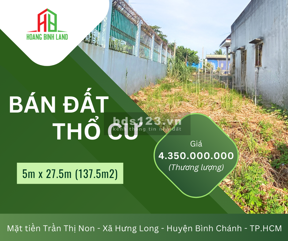 Bán đất thổ cư mặt tiền Trần Thị Non tại xã Hưng Long, Bình Chánh