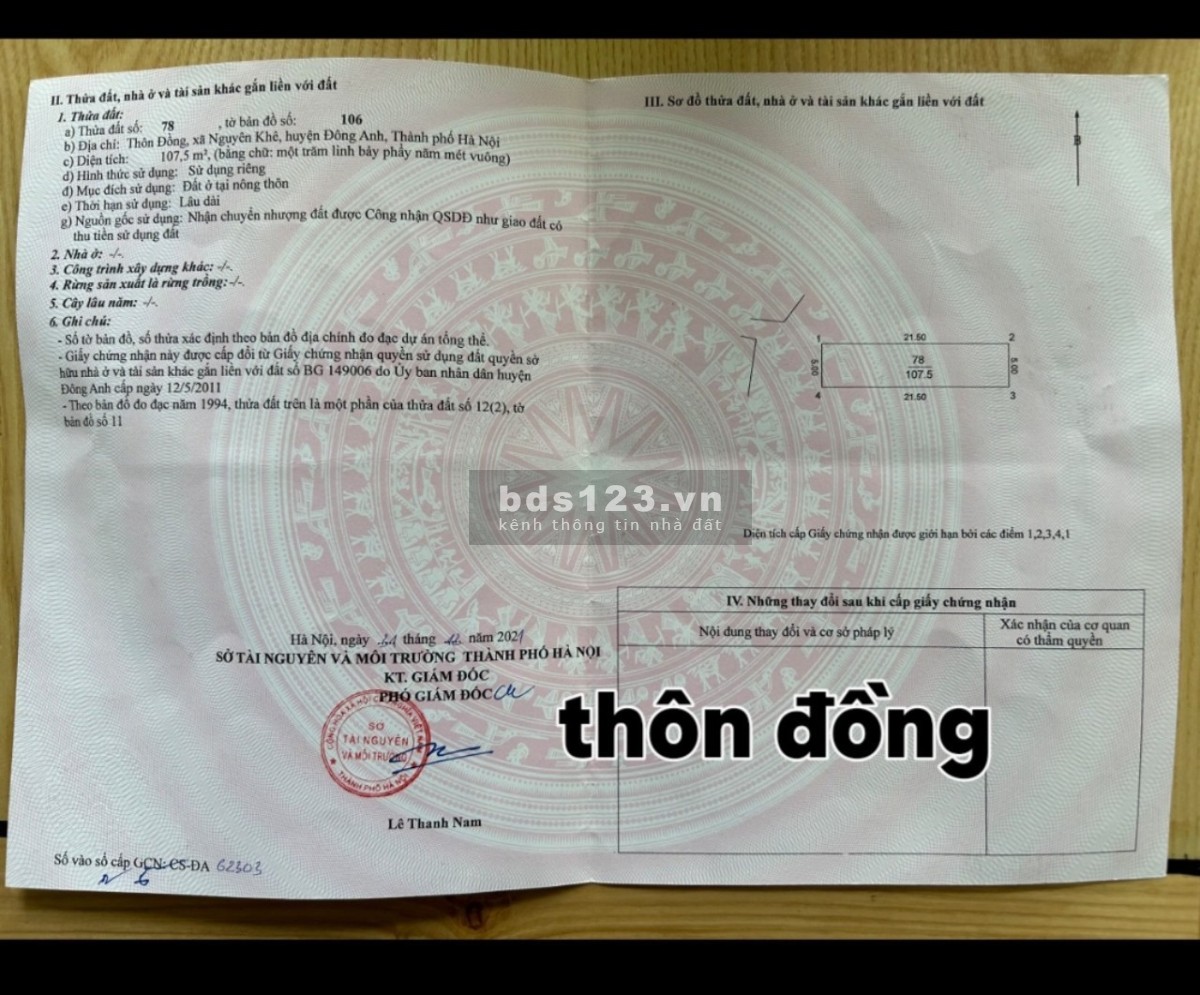 Chính chủ e cần tiền nên bán gấp Giá cực rẻ lô 112m2 (trên sổ 107,5m2) đất thôn Sơn Đồng Nguyên Khê