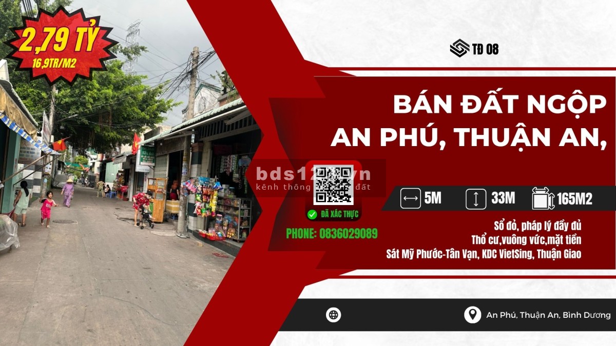 Con đi du học. Bán gấp 165m2 đất ngay KDC Phú Hưng, An Phú, BD, ngộp 2,7 tỷ (16tr/m2) LH:0836029089