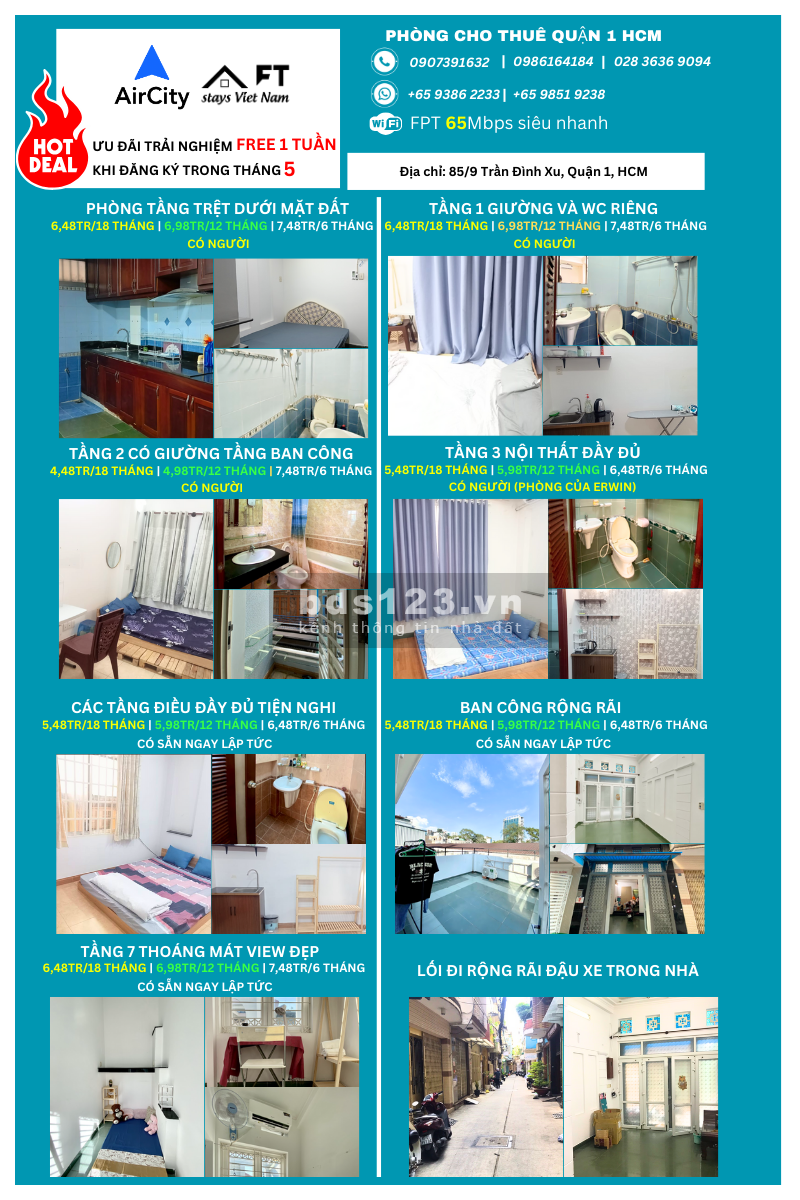 Cho thuê phòng trọ full nội thất giá 5tr - 7tr/tháng - Trần Đình Xu Q1