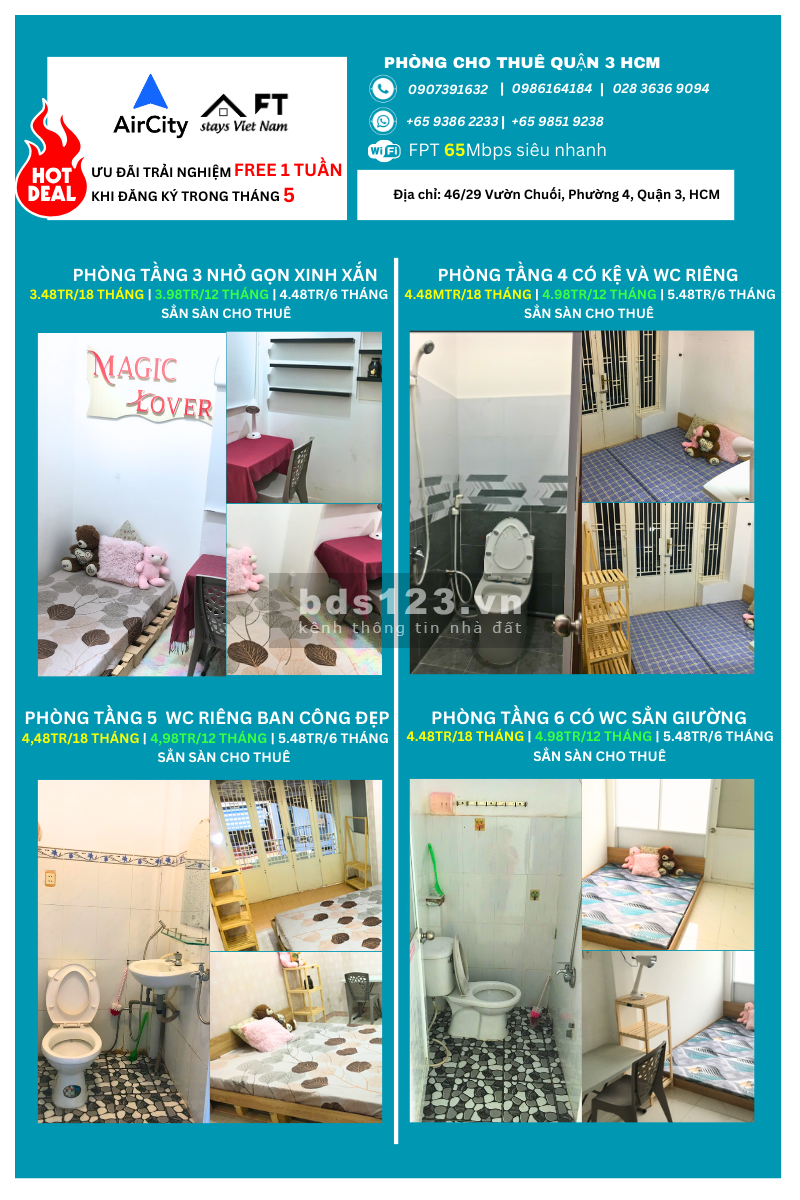 Cho thuê phòng trọ full nội thất giá 5tr - 7tr/tháng - Vườn Chuối, Phường 4, Quận 3