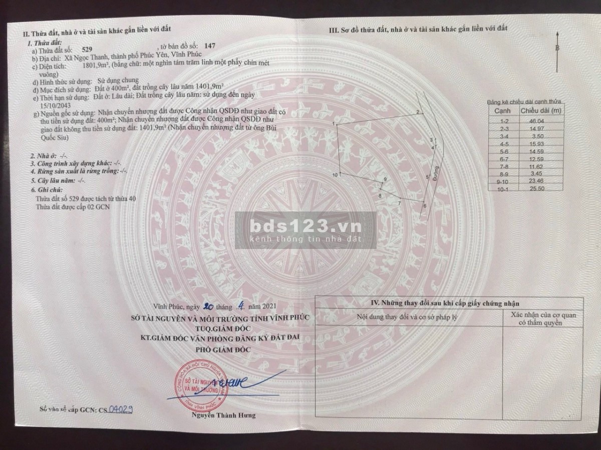 Cần bán 1800m đất nghỉ dưỡng tại Ngọc Thanh, Vĩnh Phúc