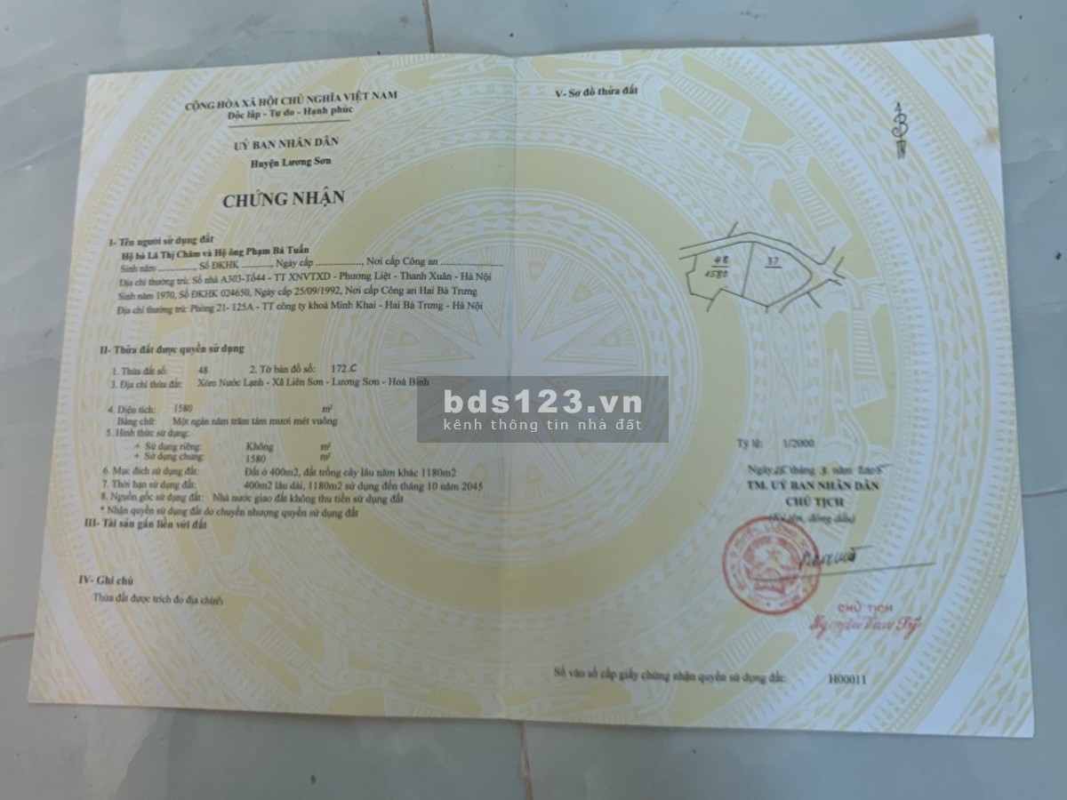 Chuyển nhượng gấp 1580m2 đất ở tại Liên Sơn, Lương Sơn, Hòa Bình