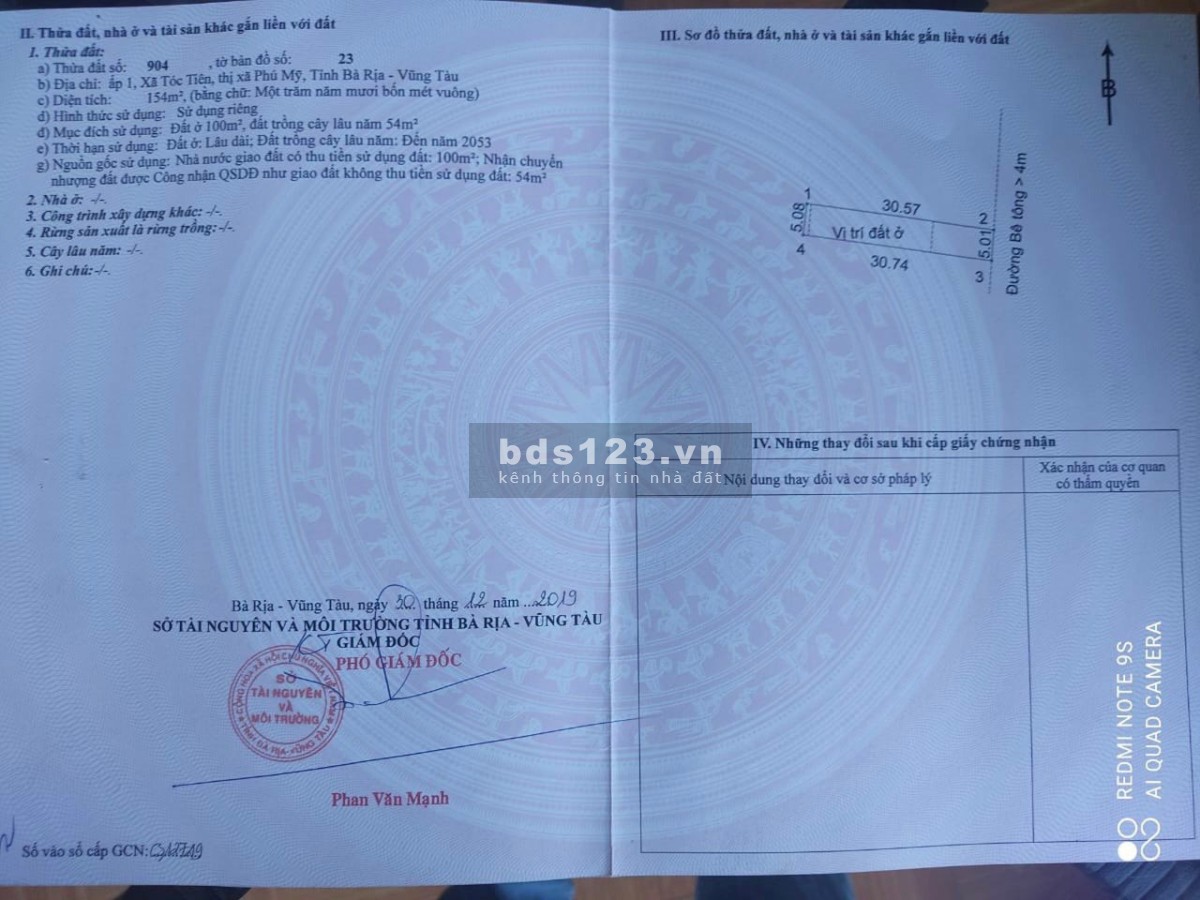 Bán lô đất đẹp thổ cư ngay Phú Mỹ Tóc Tiên Diện tích 154m2