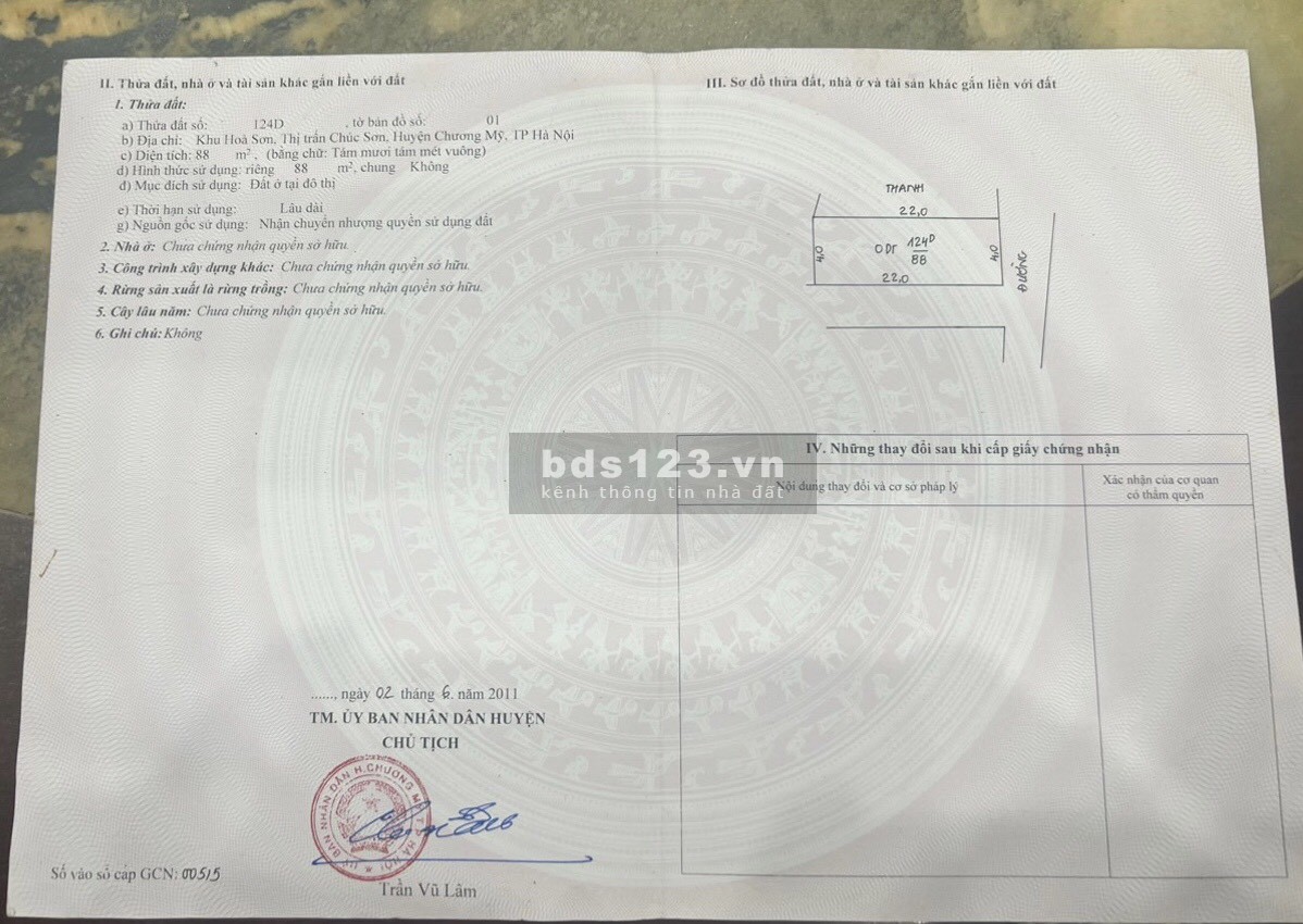 BÁN 88m Ở VỊ TRÍ TT CỦA THỊ TRẤN CHÚC SƠN - đường rộng 7m -Gần trường học, Bệnh viện, UBND - Nở hậu