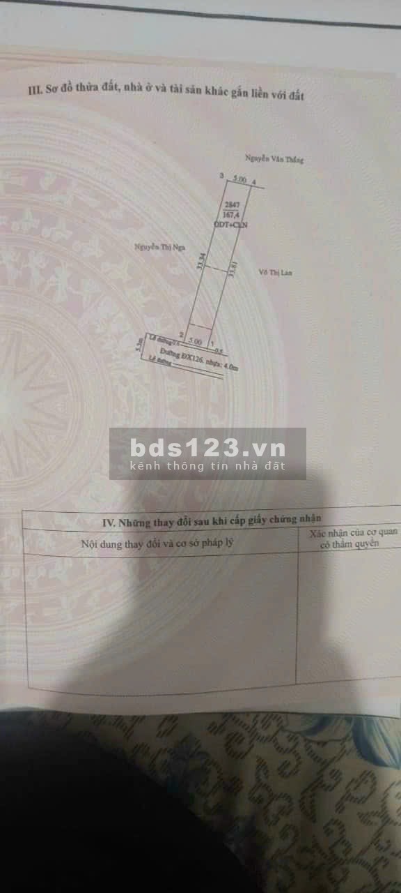 Cần bán đất mt dx126 Tân An - TDM - BD dt 5*33 tc60 giá 1 tỷ 99 sát chợ, trường học,...lh 0384329615