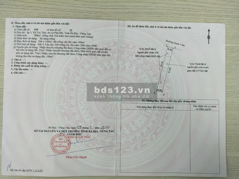 Bán đất thổ cư 288m2 ngay thị xã tóc tiên – Phú mỹ