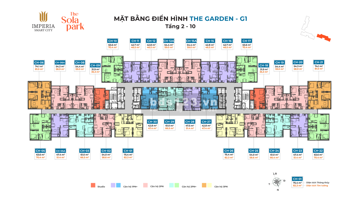 Bán căn hộ 2PN2VS 55m2 tòa G1 – The Sola Park mặt trong giá cực tốt