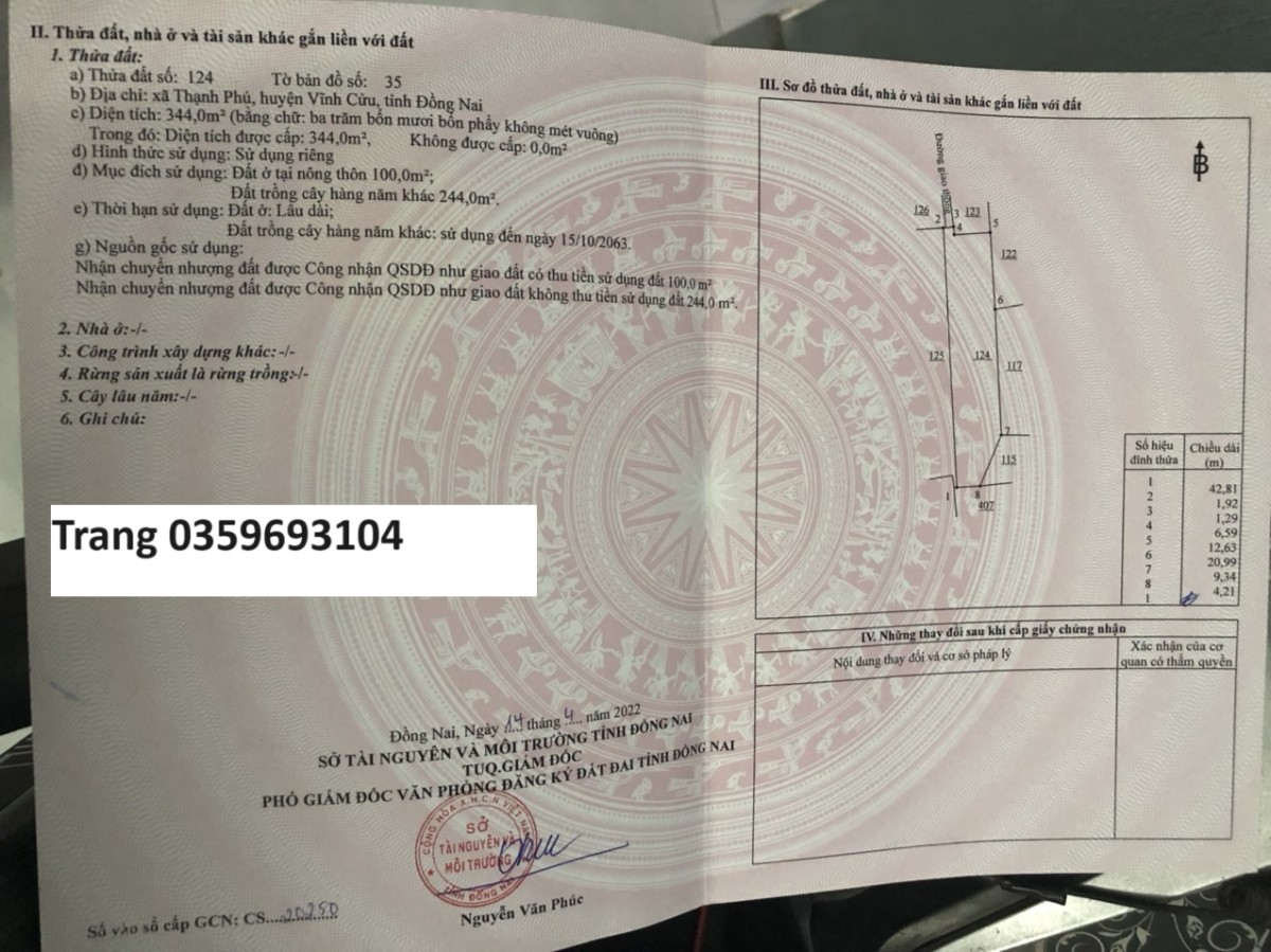 Bán 344m2 đất sổ riêng thổ cư xã Thạnh Phú, H.Vĩnh Cửu