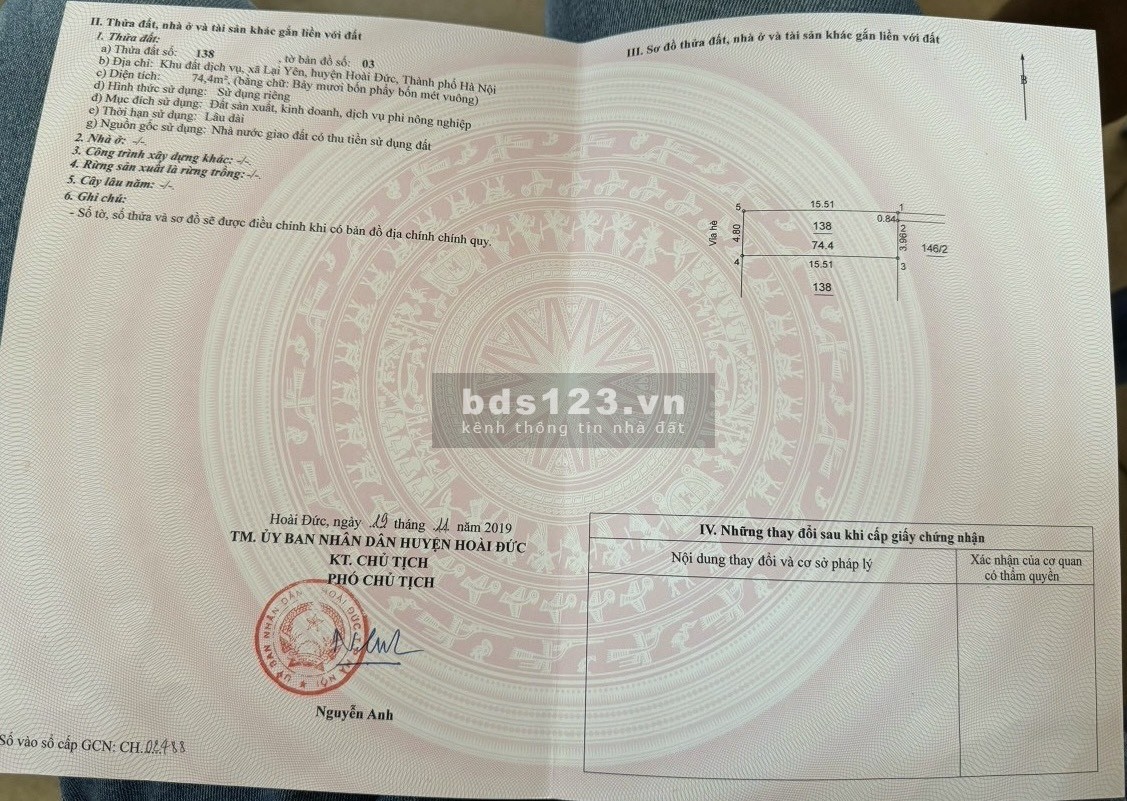 Bán gấp lô đất diện tích 74m2 tại khu đất dịch vụ Lại Yên Hoài Đức