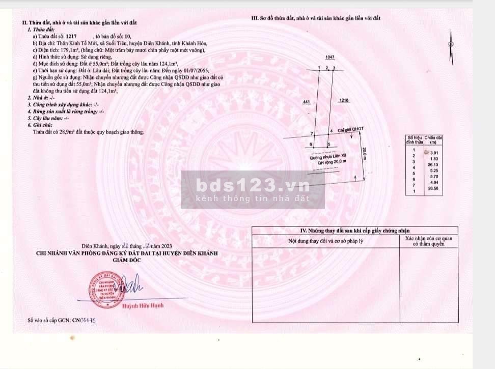 Bán đất thổ cư 179m2, Đường QH 20m, Xã Suối Tiên, Diên Khánh, Khánh Hòa