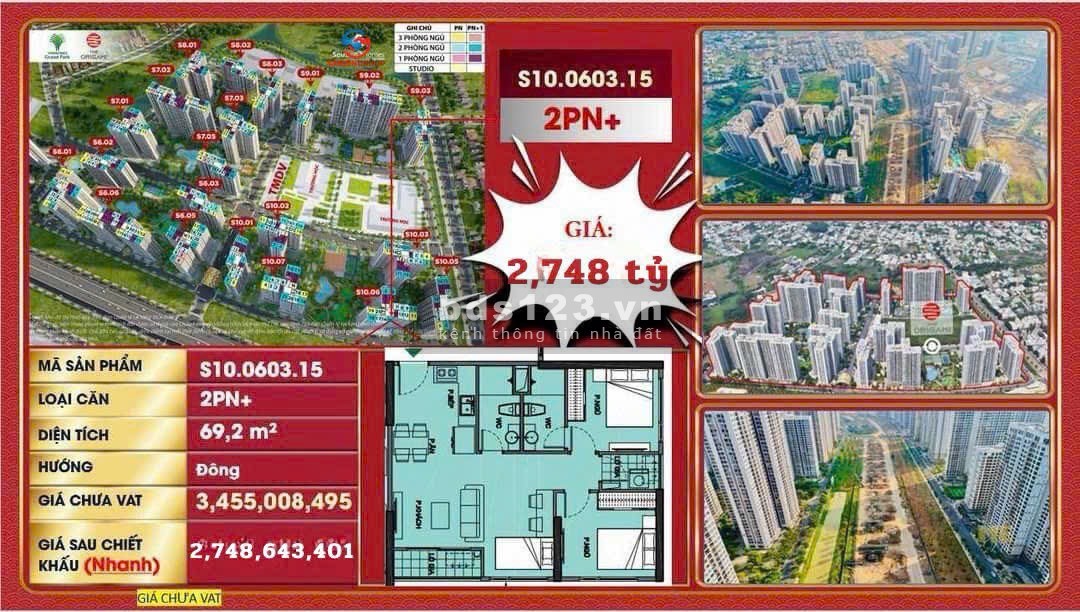 MỘT CĂN 2PN+1 CĂN GÓC 69,2M2 HÀNG CDT KHU THE ORIGAMI-0903257578
