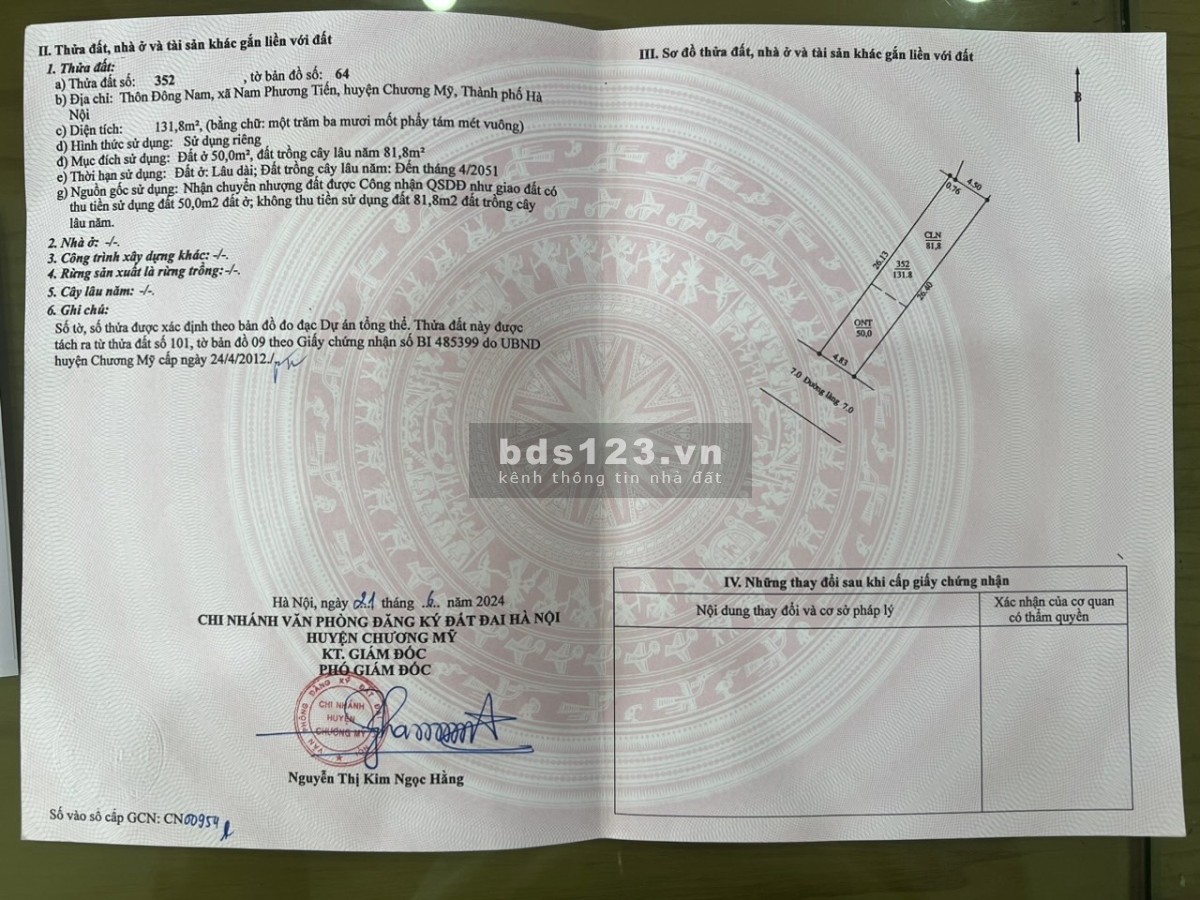 Bán 4 LÔ DT 128 -131 Xã Nam Phương Tiến, H. Chương Mỹ - Gần hồ Văn Sơn, sân golf Sky Lake