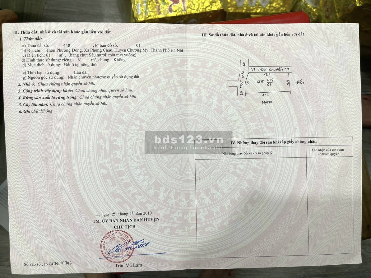 Lô góc 61m full thổ cư thôn phượng đồng, xã Phụng Châu - Cách đường trục 50m - Giá 2.25 tỷ