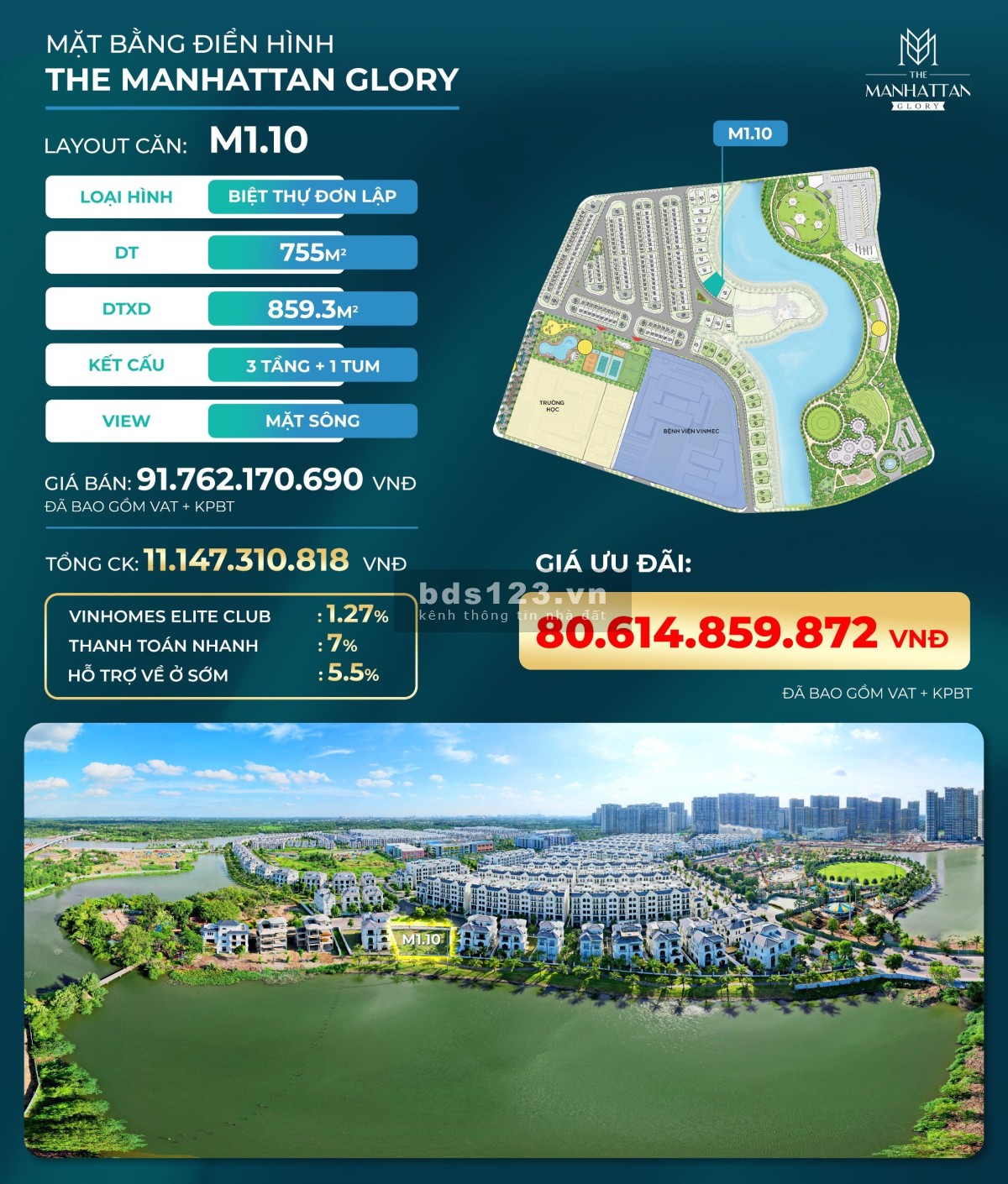 Duy nhất 04 căn biệt thự độc bản mua trực tiếp CĐT mặt sông vip nhất Vinhomes Grand Park
