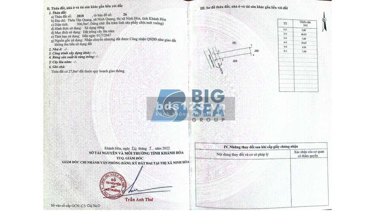 Bán Lô đất 306,9m2 được quy hoạch full đất ở đô thị tại Khánh Hòa