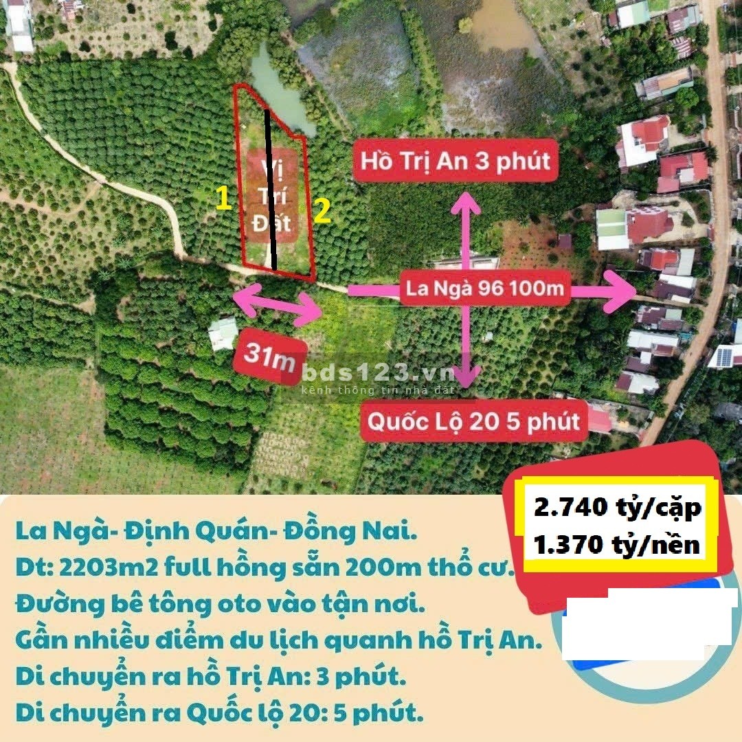 Chính chủ tôi cần BÁN GẤP: 1,370tỷ - TL/1100m2 sẵn 100m2 thổ cư, ngay cạnh Hồ Trị An, đường Huyện 96