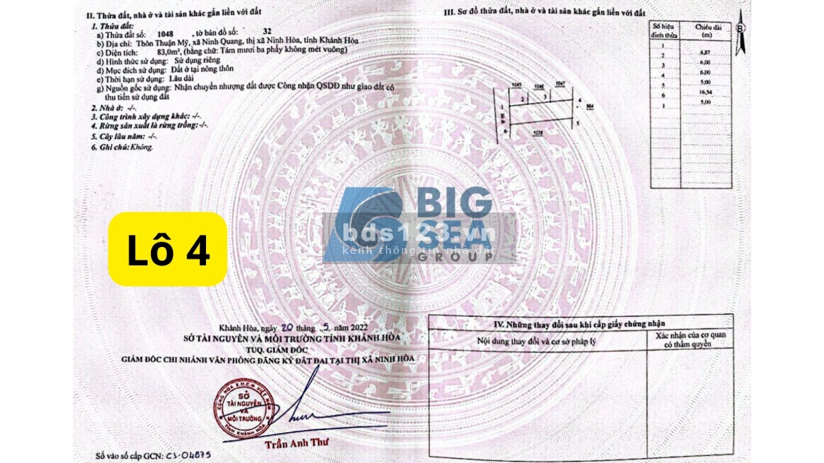 Cần tiền bán nhanh 4 lô đất liền nhau full thổ cư 2 mặt tiền Ninh Hòa - Khánh Hòa