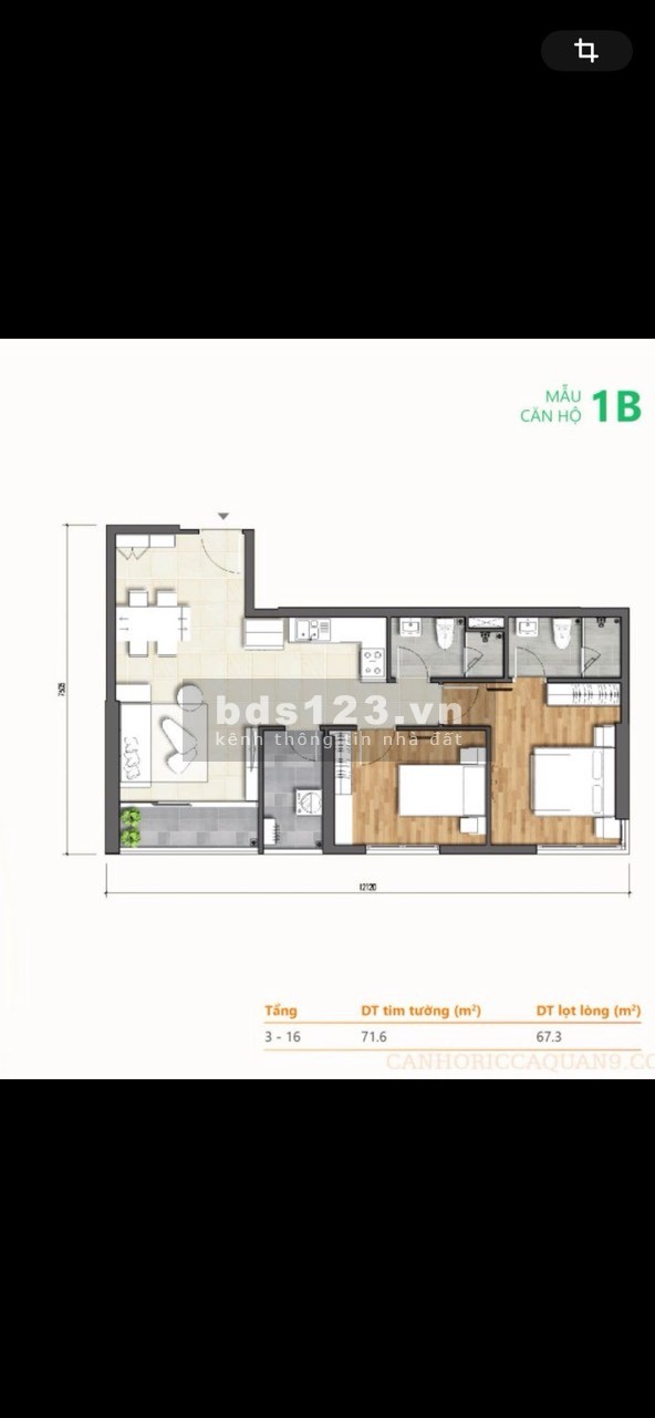 Căn góc 2PN 2WC 71m2 hướng Đông Nam - Đông Bắc bán giá đẹp 2,59 tỷ NTCB Rèm máy lạnh