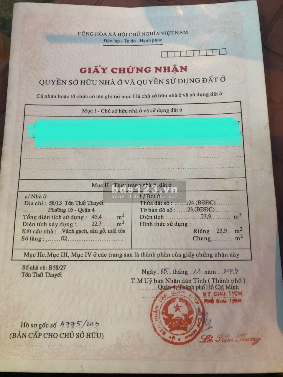 Cần bán nhà chính chủ hẻm xe hơi Tôn Thất Thuyết quận 4