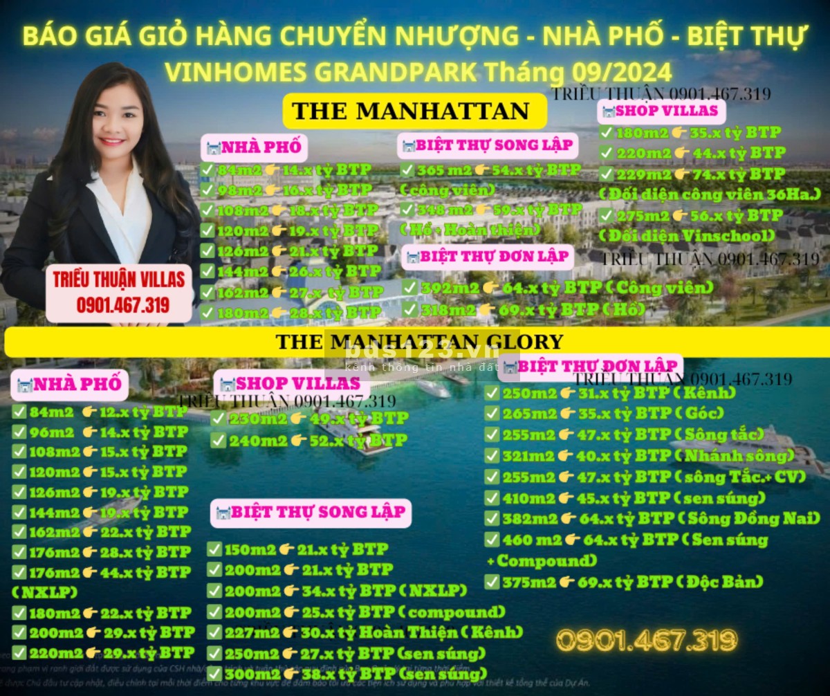 BÁO GIÁ GIỎ HÀNG CHUYỂN NHƯỢNG NHÀ PHỐ BIỆT THỰ VINHOMES GRANDPARK Tháng 09/2024
