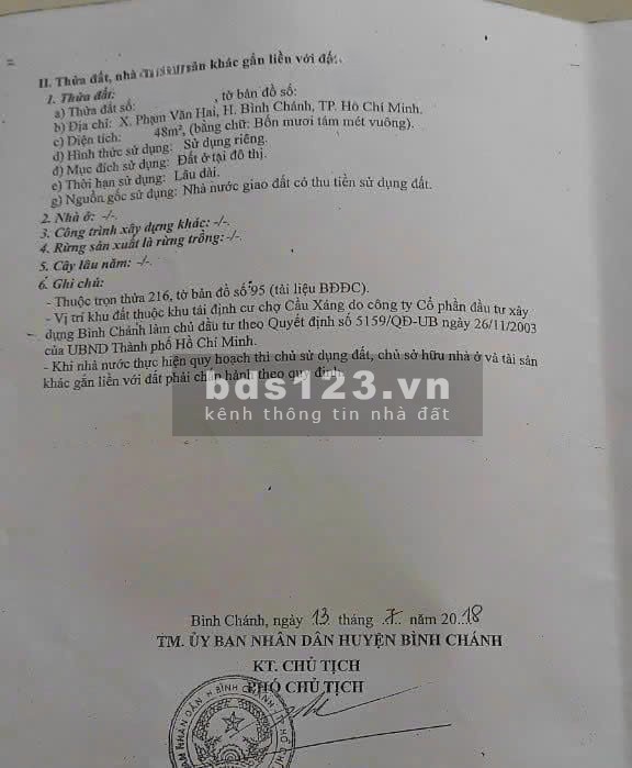 CHÍNH CHỦ CẦN BÁN LÔ ĐẤT PHẠM VĂN HAI - BÌNH CHÁNH - 48M2- SHR