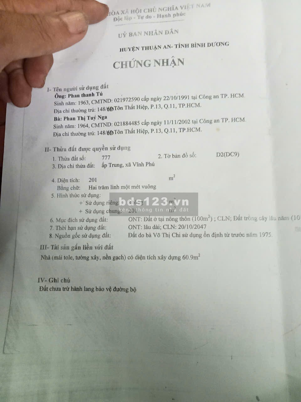 Bán đất 201m2 chính chủ tại Vĩnh Phú 20, Bình Dương (100m2 thổ cư) 4 tỷ 2