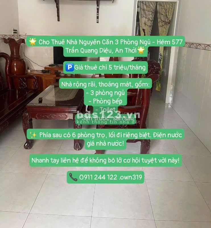 Cho thuê nhà 3 phòng ngủ lộ ô tô hẻm 577 Trần Quang Diệu