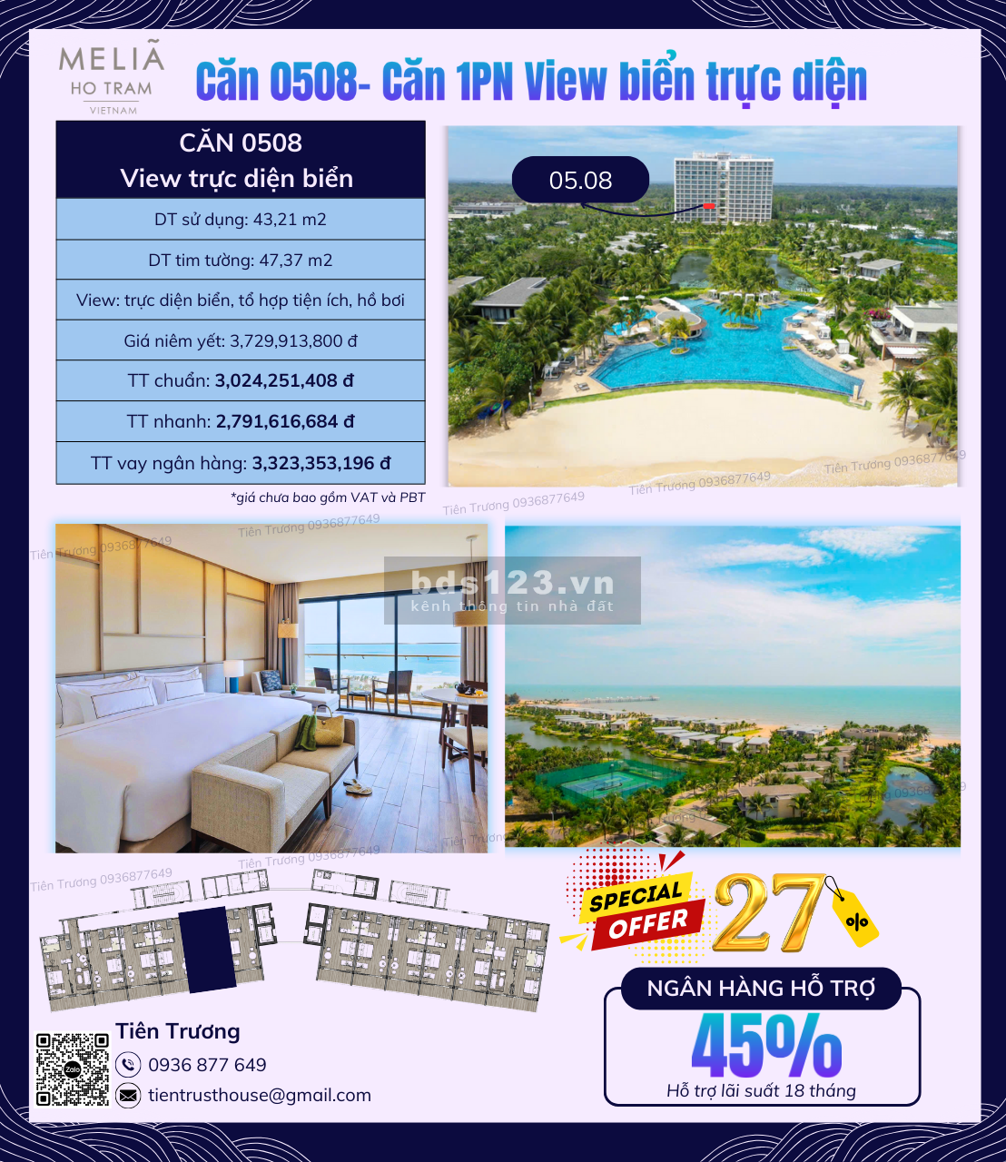 Bán căn Melia Hồ Tràm giá 3,3 tỷ trực tiếp chủ đầu tư, full nội thất 5 sao