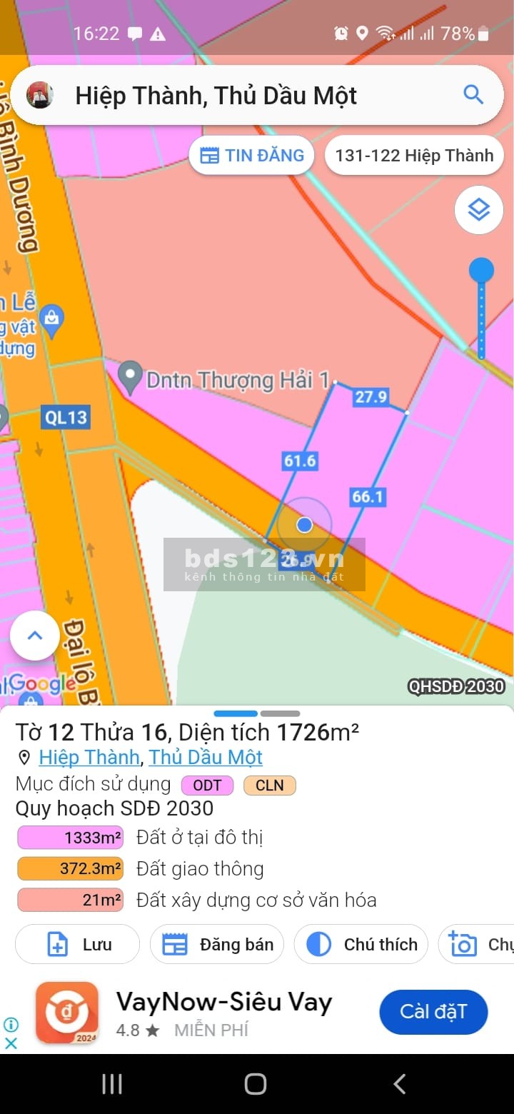 Cho thuê đất giá rẻ, tiện kinh doanh đa nghành, vị trí trung tâm TP Thủ Dầu Một