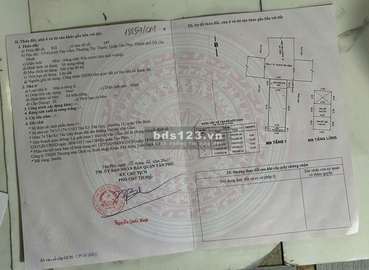 Bán nhà cấp 4 số 1/5 Huỳnh Văn Gấm, P.Tây Thạnh, Q.Tân Phú