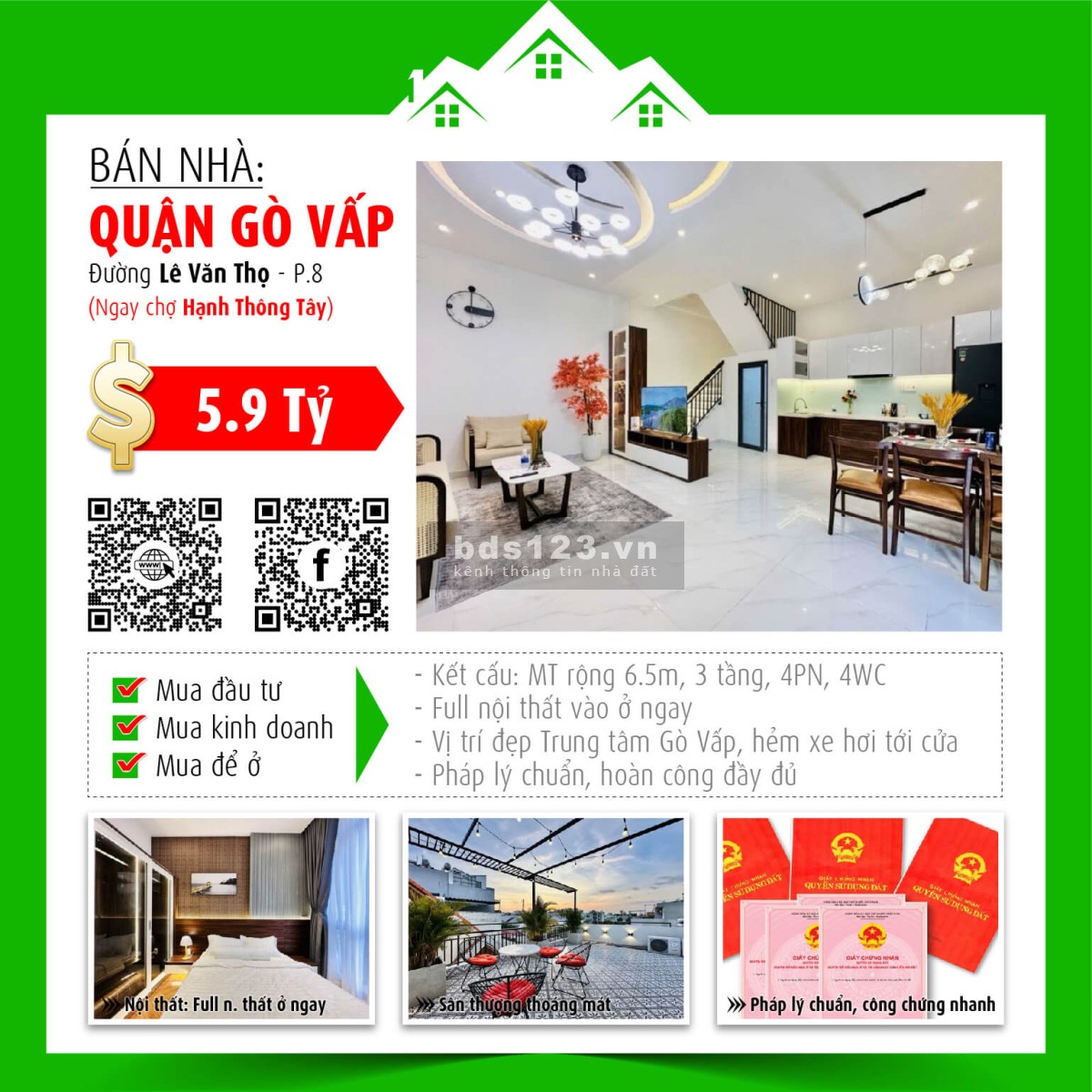 Bán nhà VIP Gò Vấp - 6.5m nở hậu 6.9m - 3 tầng - Full nội thất - Giá cực tốt