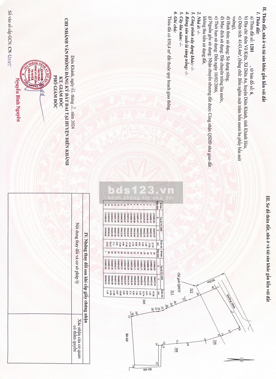 ️ Chính Chủ Bán đất: 4143 m2 thôn Võ Kiện, xã Diên An, huyện Diên Khánh, tỉnh Khánh Hòa