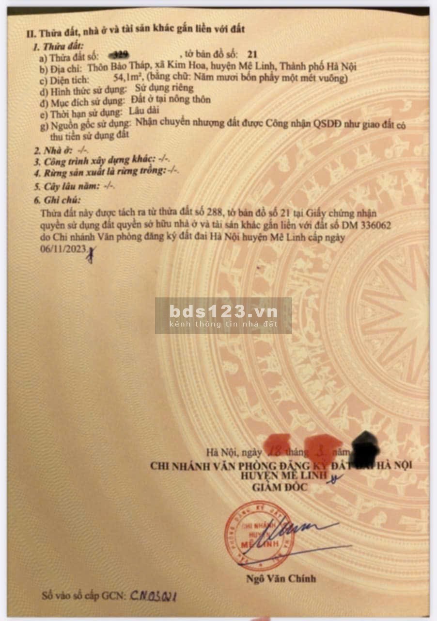 Bán đất thôn Bảo Tháp, Kim Hoa, Mê Linh, HN. Nằm sát đường Vành Đai 4. DT 54m, giá 1,85 tỷ.
