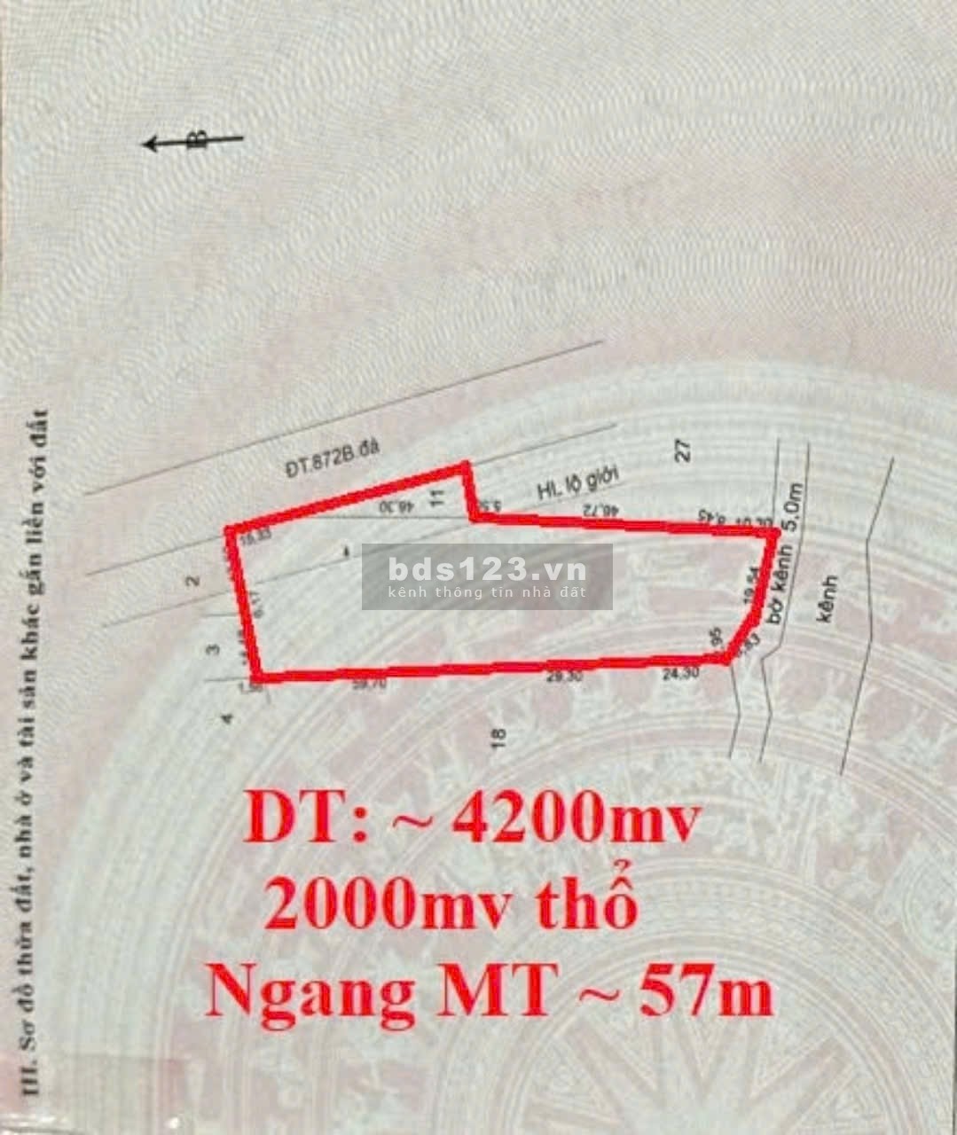 Bán gấp 4.170m2 đất MT đường tỉnh 872B, xã Long Bình, Gò Công Tây Tiền Giang. Có 2.000m2 thổ, 6,65tỷ