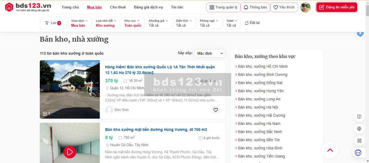 Trang mua bán kho - nhà xưởng của bds123.vn