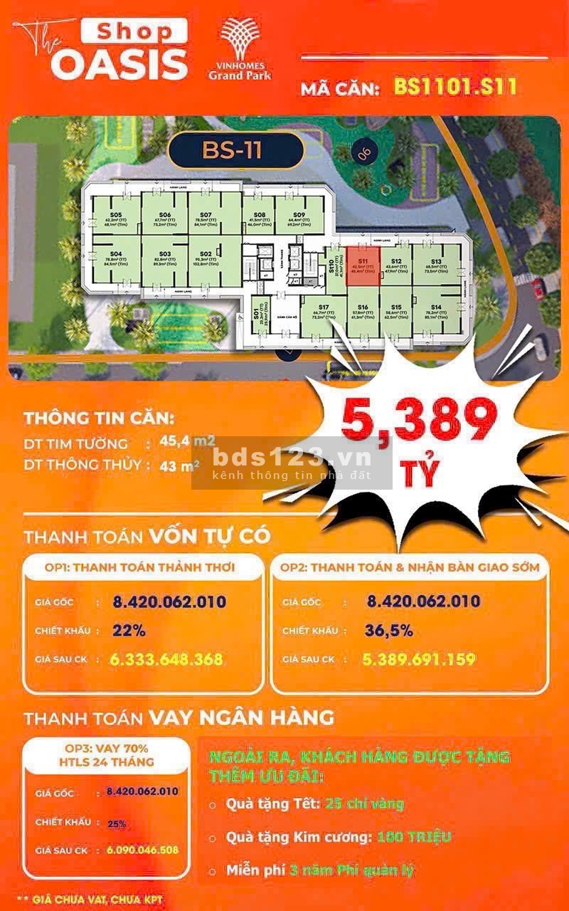 Bán SH Vinhomes Grand Park, tặng 25 chỉ vàng và kim cương 100tr, chiết khấu 36,5% giá 5.389tỷ 45.4m2