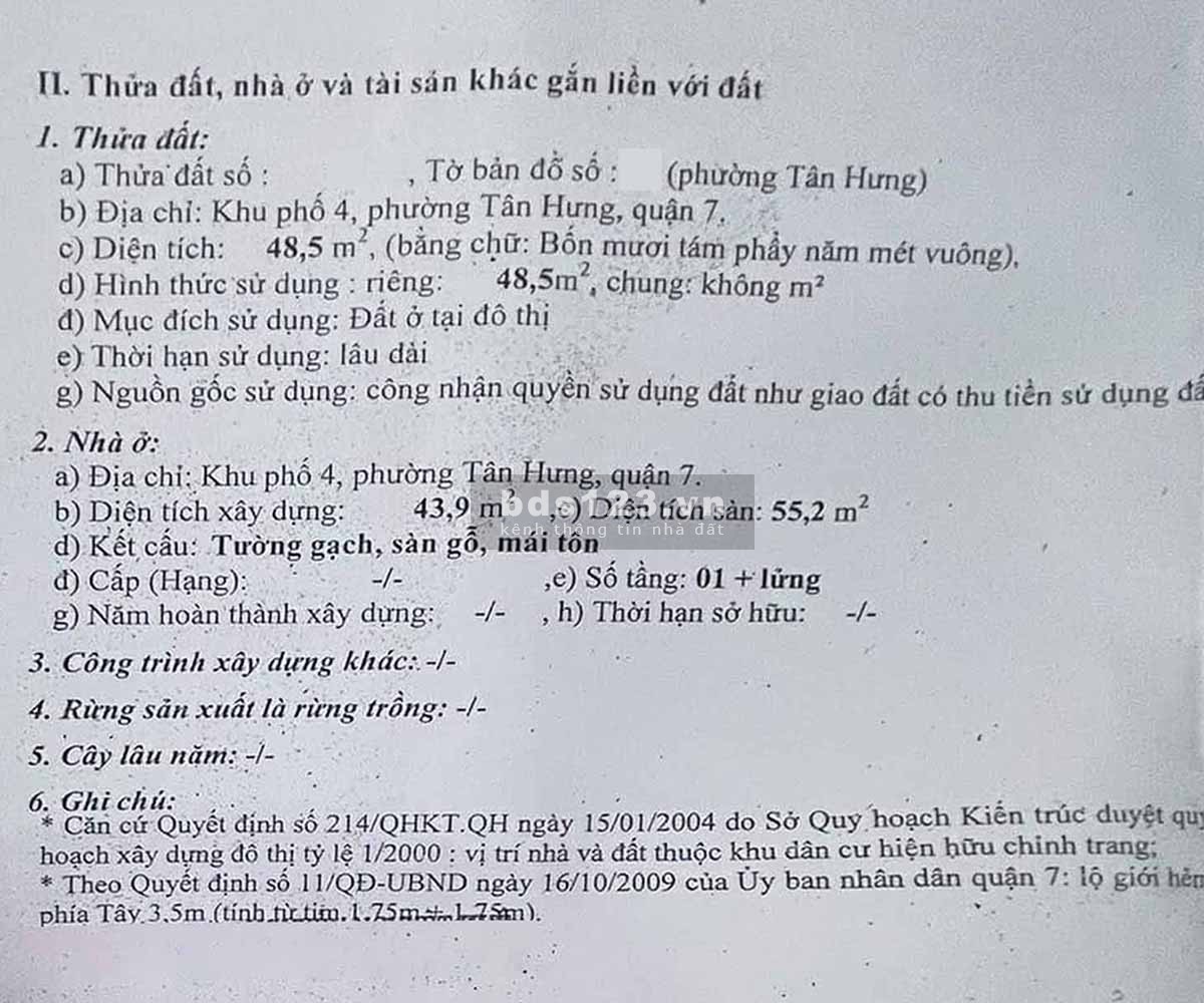 Bán nhà 861 Trần Xuân Soạn. 49m2. Mặt tiền gần 4m. Không bị Qui Hoạch. Trung Tâm P.Tân Hưng. Sát Q1