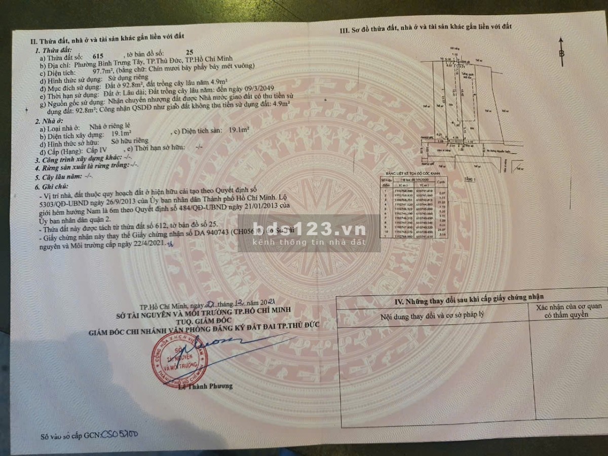 Bán đất thổ cư Hẻm 92/6 Nguyễn Tuyễn P.Bình Trưng Tây Quận 2 đường ô tô tách 2 sổ. Giá TLcc