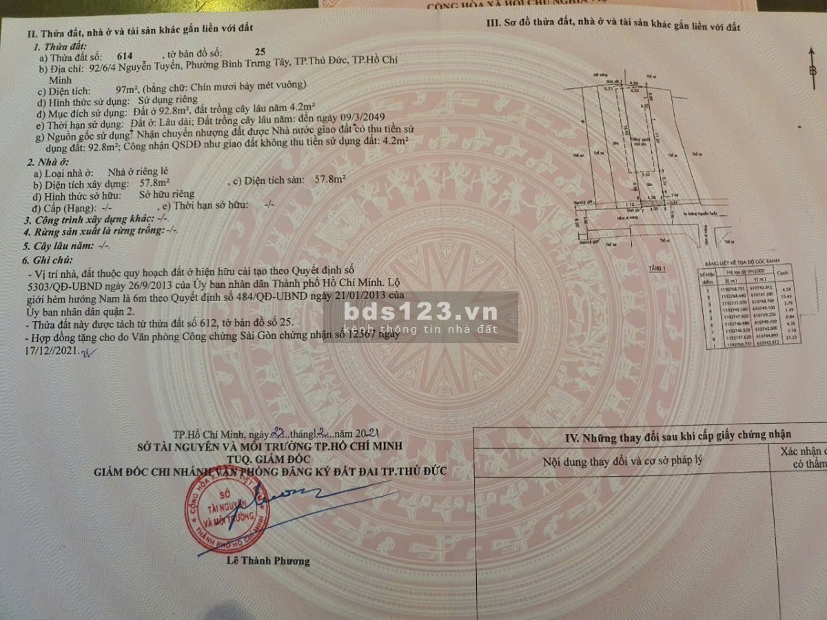 Bán đất thổ cư Hẻm 92/6 Nguyễn Tuyễn P.Bình Trưng Tây Quận 2 đường ô tô tách 2 sổ. Giá TLcc