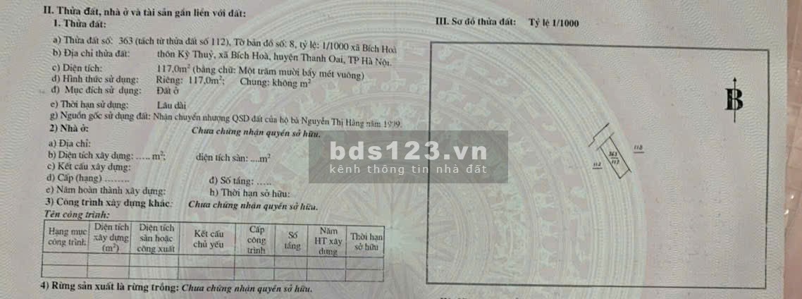Chính chủ cần bán lô đất 117m2 (mặt tiền 7.9m) thôn Kỳ Thủy, xã Bích Hòa, huyện Thanh Oai, Hà Nội