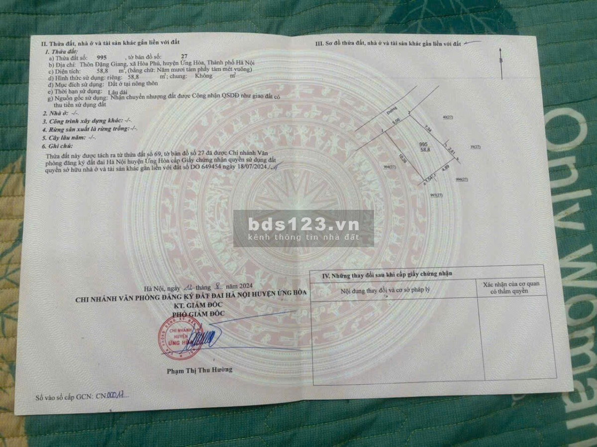 Cần bán lô đất thổ cư 59m tại Đặng Giang, Hoà Phú, Ứng Hoà, Hà Nội