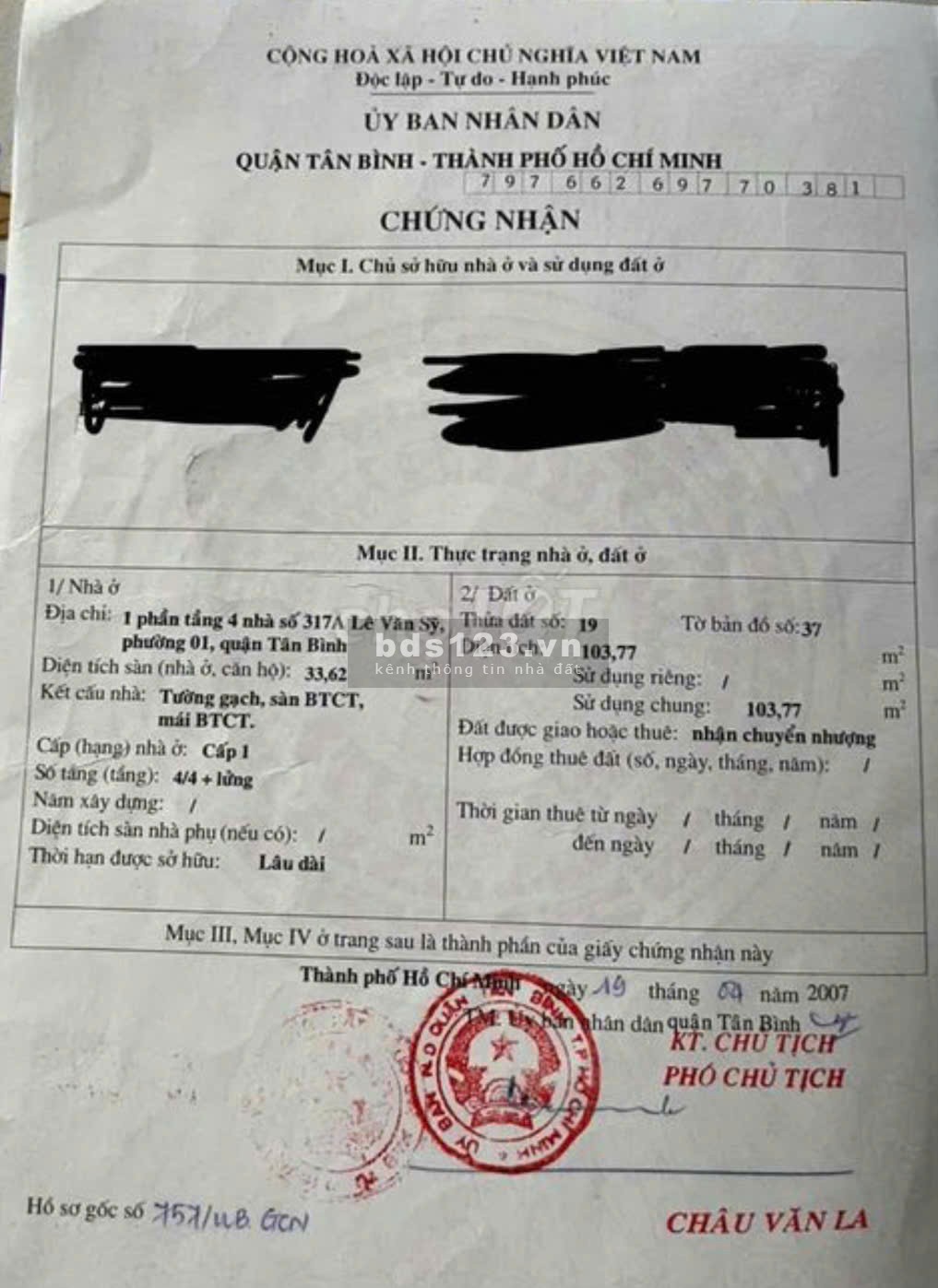 Bán căn hộ tập thể tầng 4 mặt tiền đường Lê Văn Sỹ Q. Tân Bình