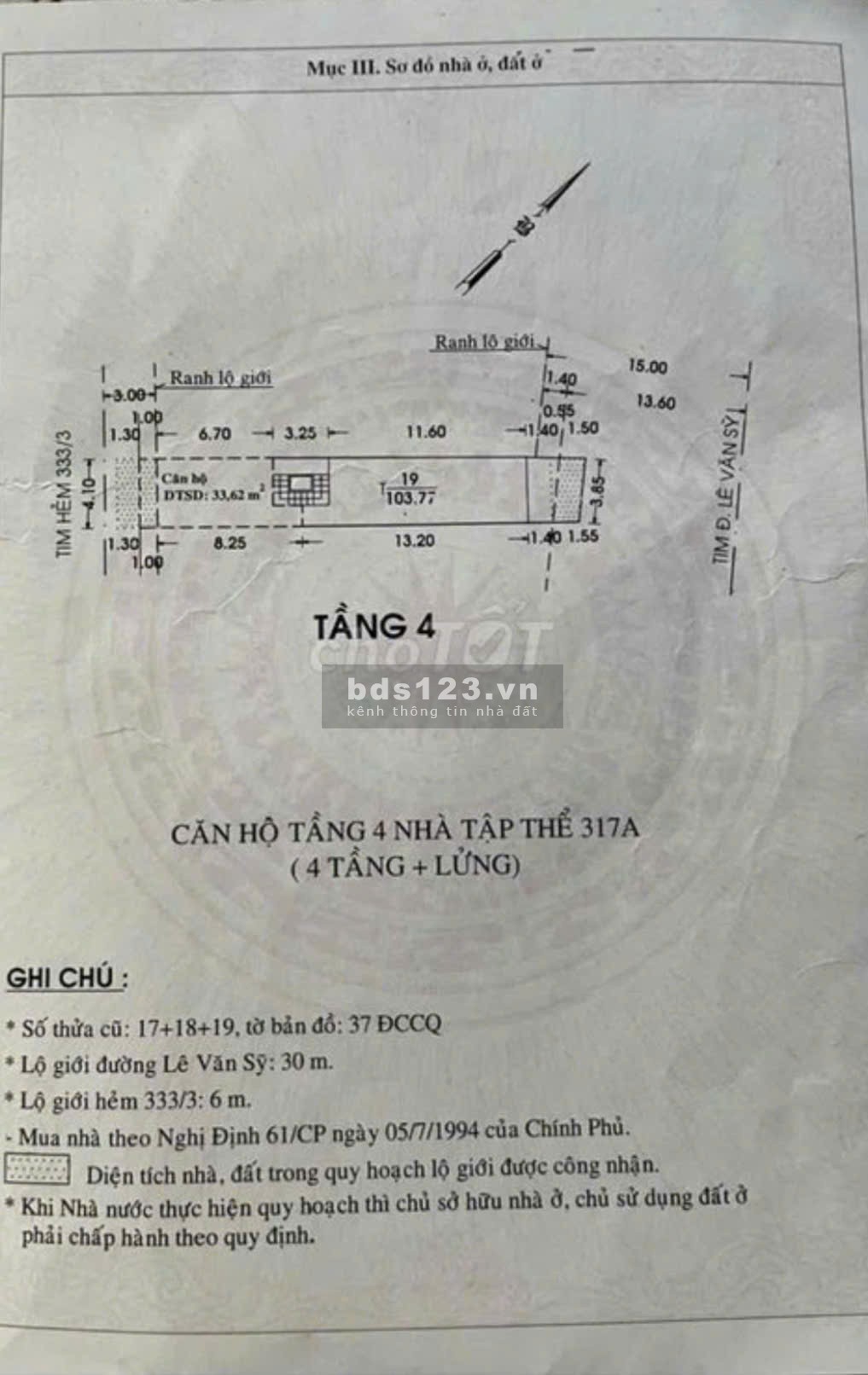 Bán căn hộ tập thể tầng 4 mặt tiền đường Lê Văn Sỹ Q. Tân Bình